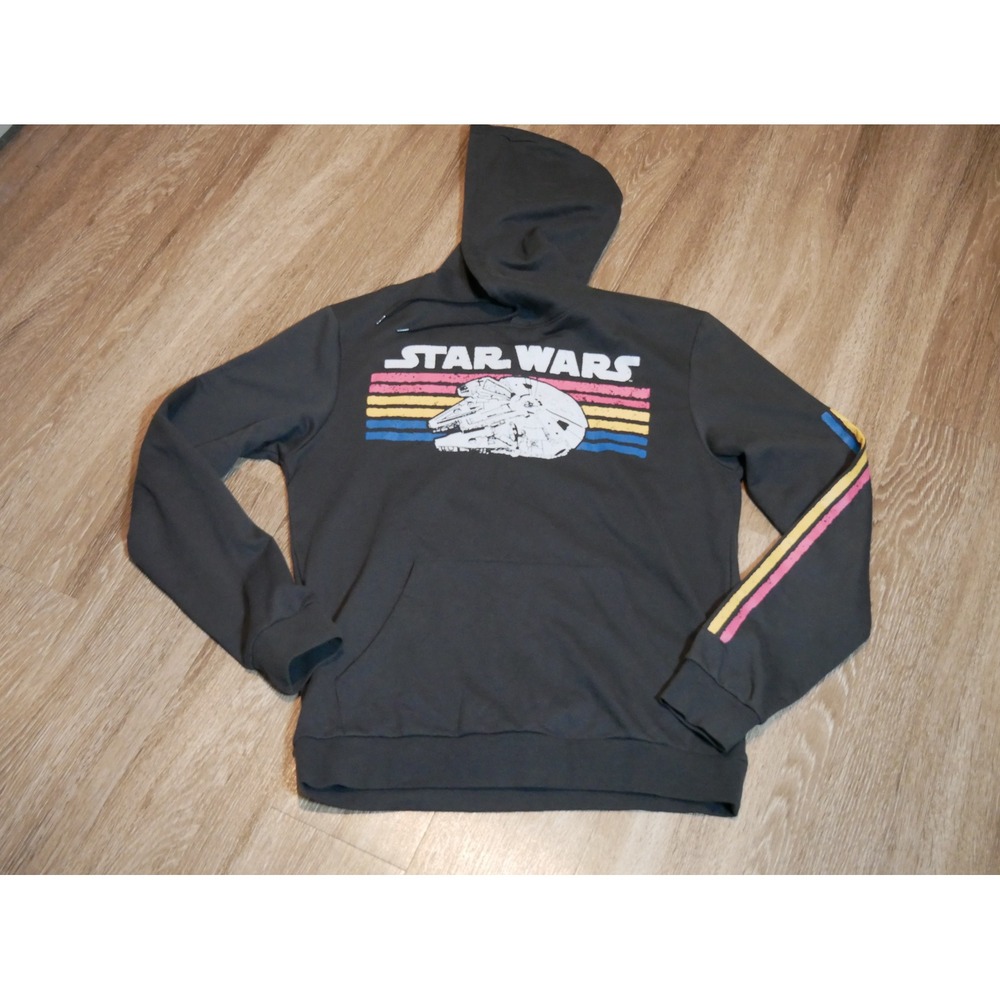 Star Wars Millennium Falcon Hoodie Men Medium Black Retro Rainbow Stripe Graphic